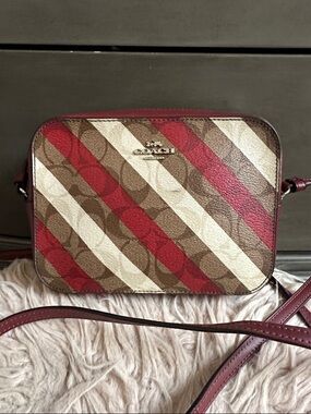 Coach Diagonal Stripe Camera Crossbody in Red, Brown and Cream